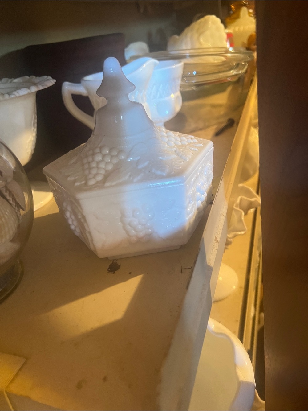 Vintage White Milk Glass Covered Candy Dish with Grape Motif